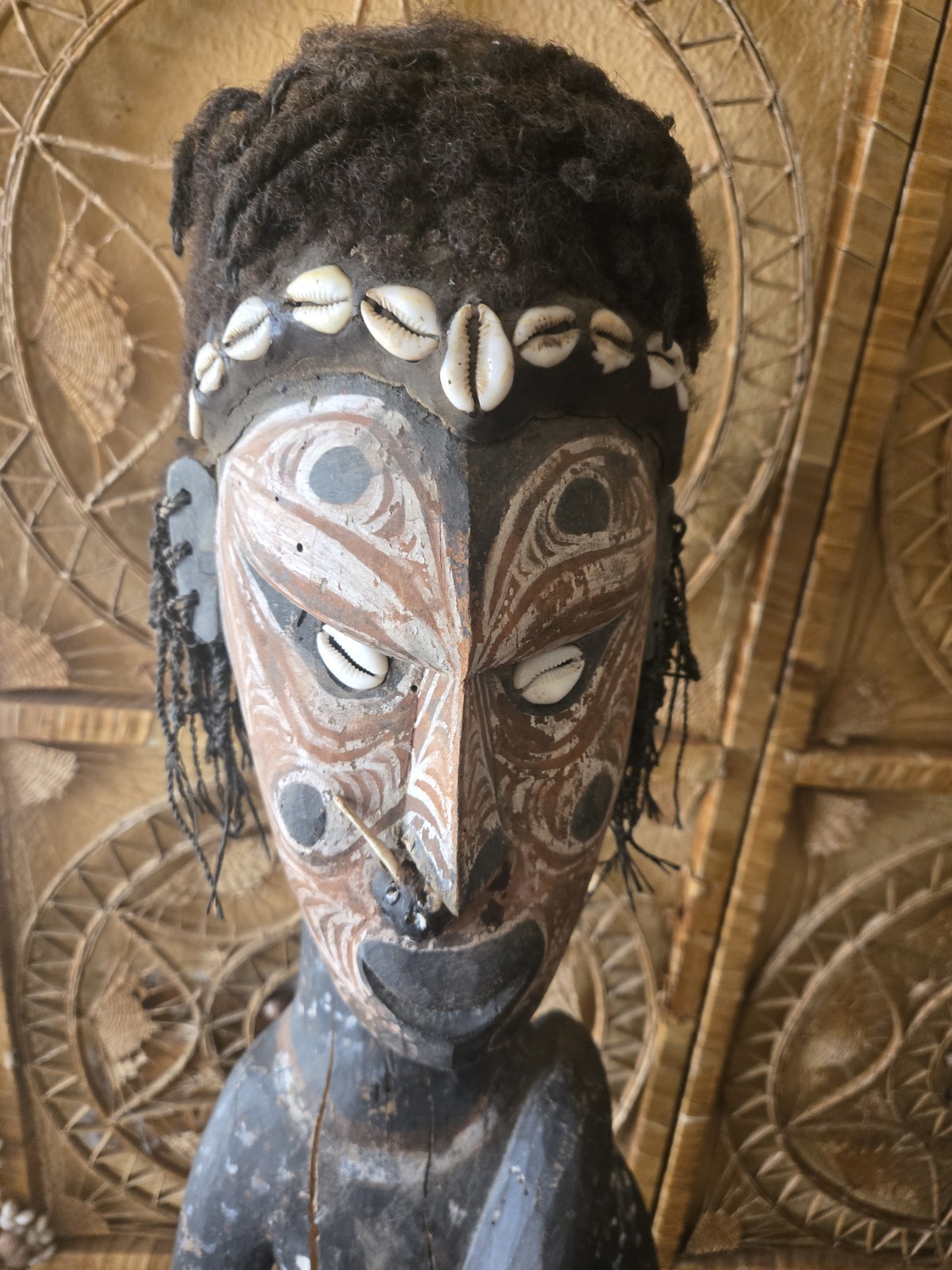 XL Papua New Guinea Ancestor Figure 46" Wood, Shell, Hair, Fiber, Animal Motifs