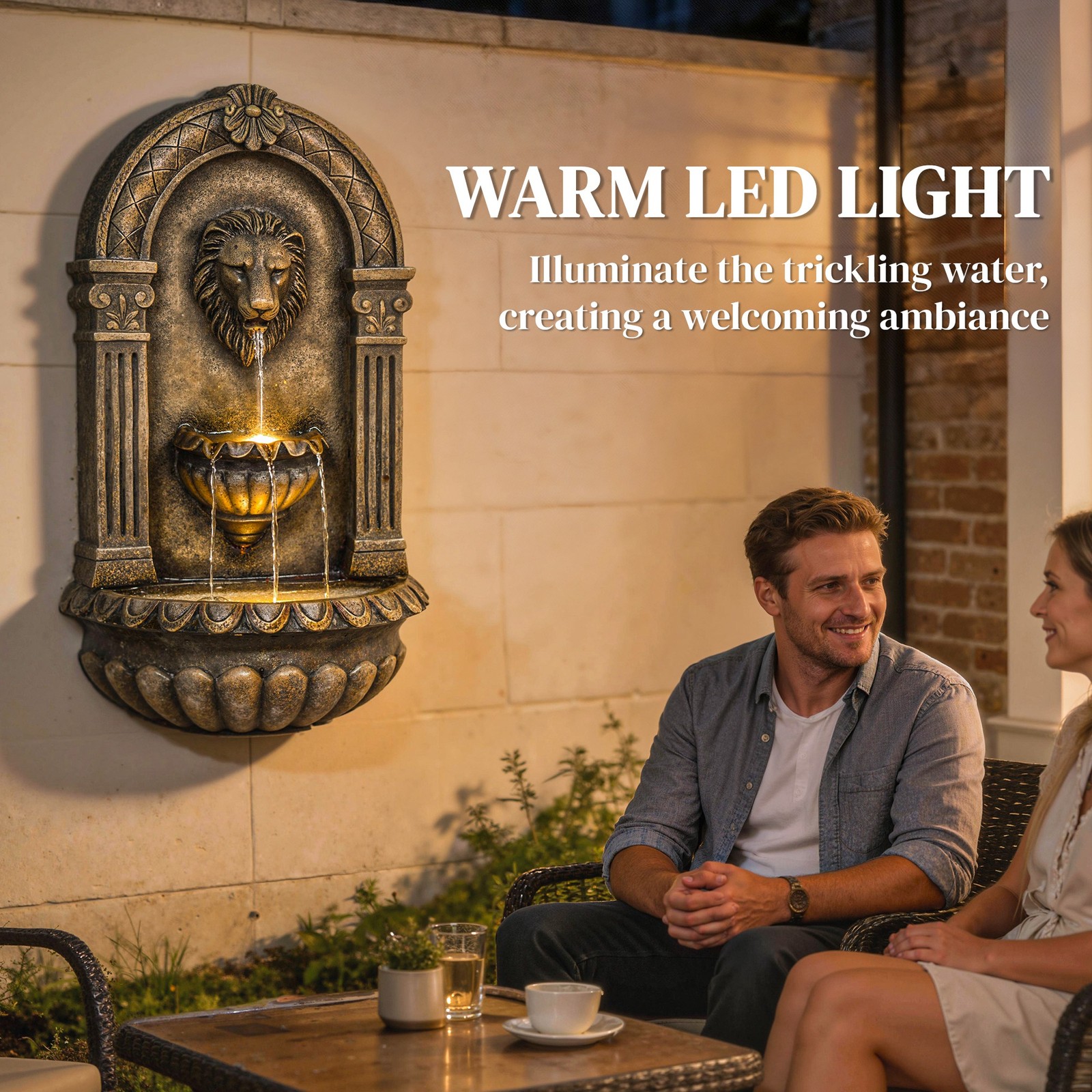 Wall-Mounted 3-Tier Outdoor Fountain with LED Lights, New