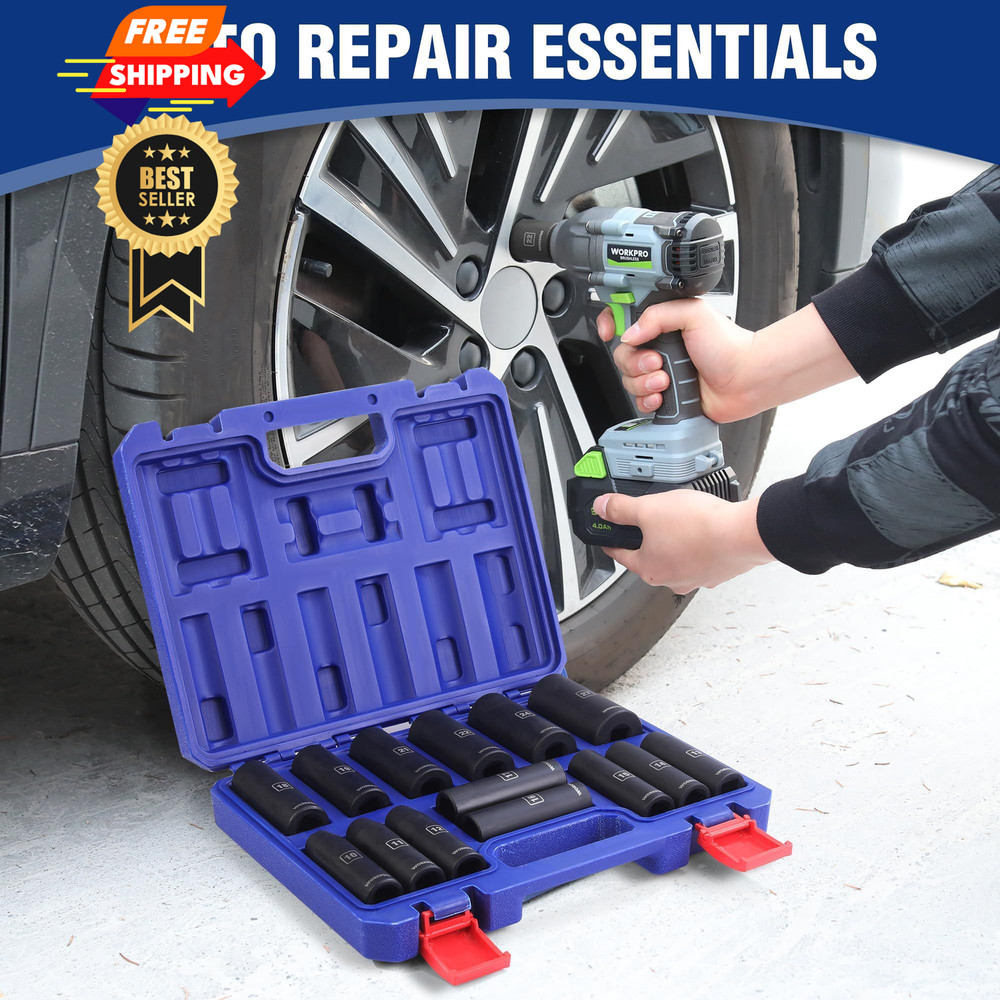 WORKPRO 14-Piece 1/2＂ Drive Deep Impact Socket Set, 6-Point Full Size, Black