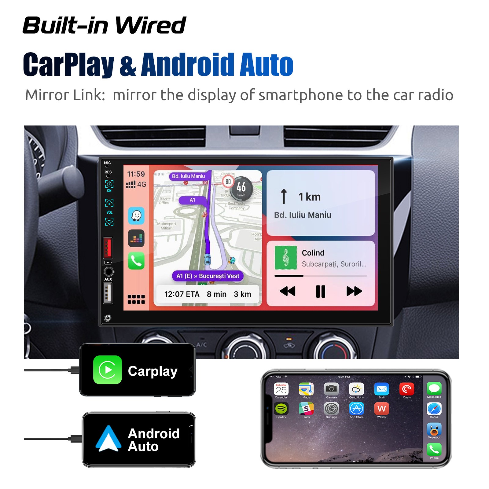 Single 1 Din Car Stereo Apple CarPlay 7" Touchscreen Bluetooth Radio SWC USB FM