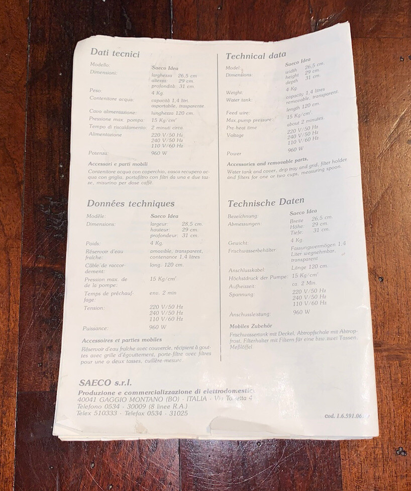 Saeco Idea Espresso Coffee Instructions Manual Replacement Part