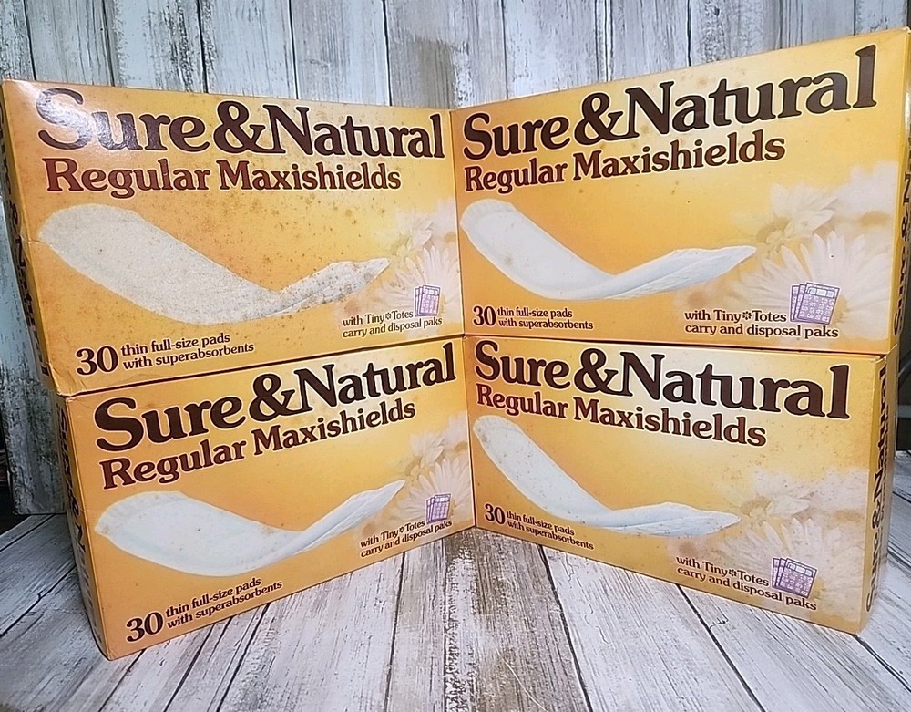 4 Box Lot VTG Sure & Natural Regular Maxishields Thin Full-Size Pads +Tiny Totes
