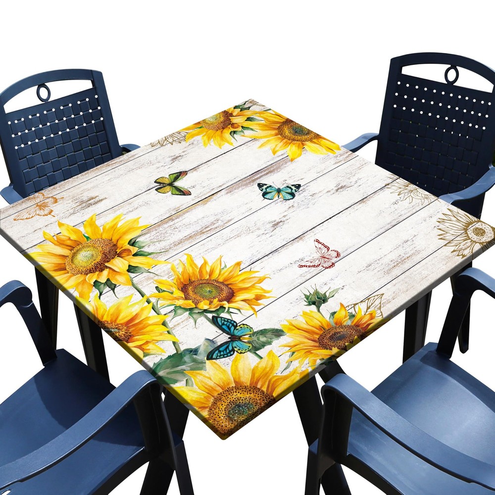 Sunflower Square Fitted Tablecloth with Elastic Edge Wood Texture Card Table ...
