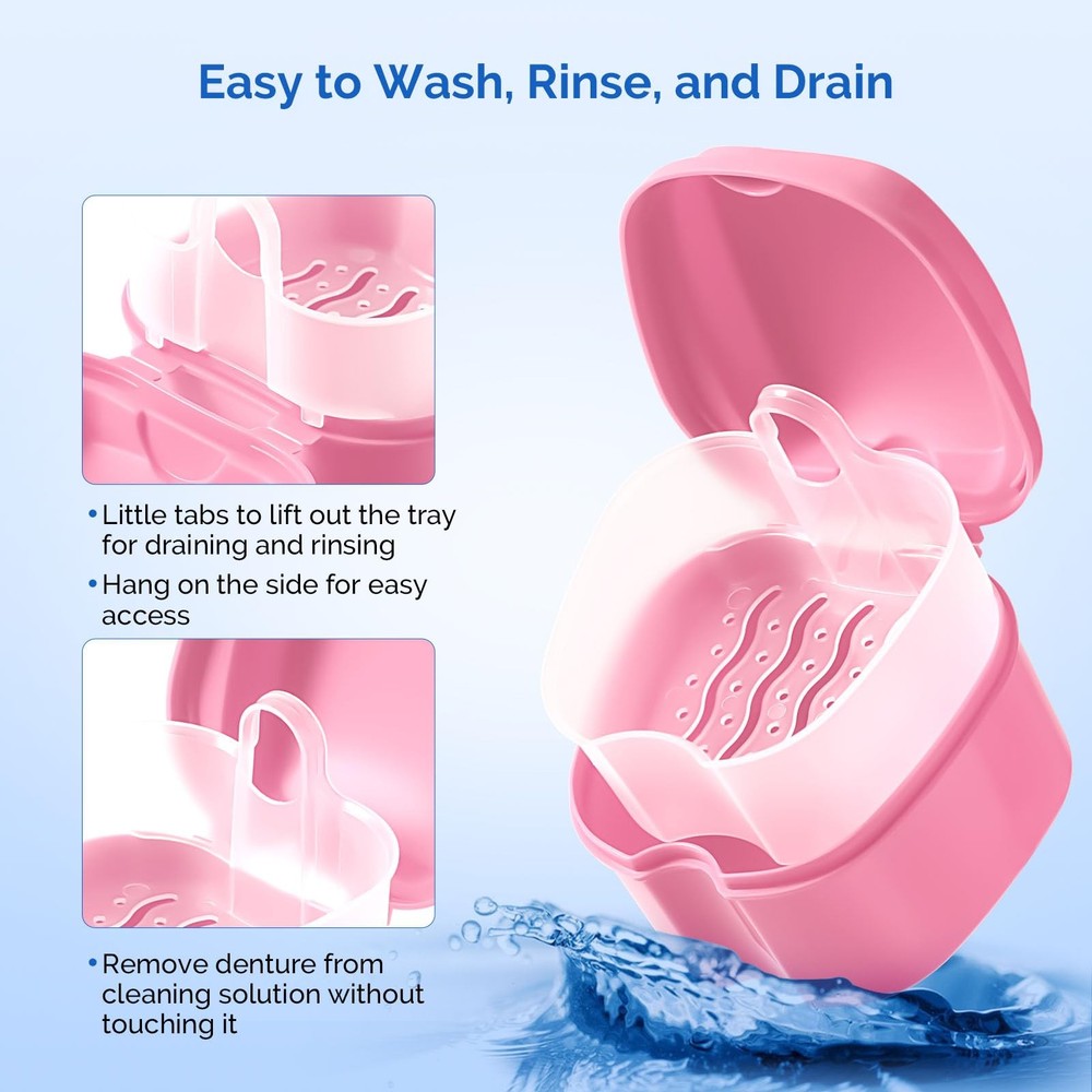 JMU Denture Bath Case, Cup for Soaking Dentures with Small, Pink