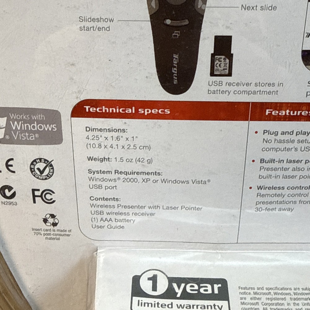 Targus Wireless Presenter Laser Pointer Remote AMP03US New in OEM Packaging