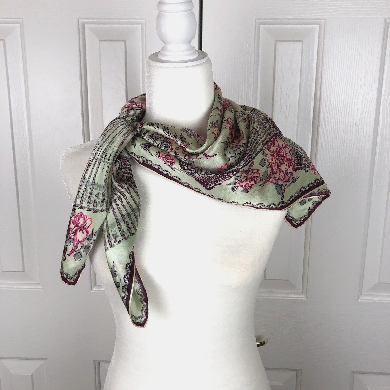Vintage Silk Scarf Fans Flowers Satin Hand Rolled Green Pink Roses Square 33"
