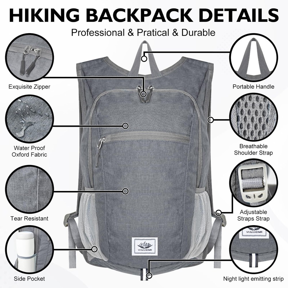 20L Black Lightweight Foldable Water Resistant Packable Small Hiking Backpack