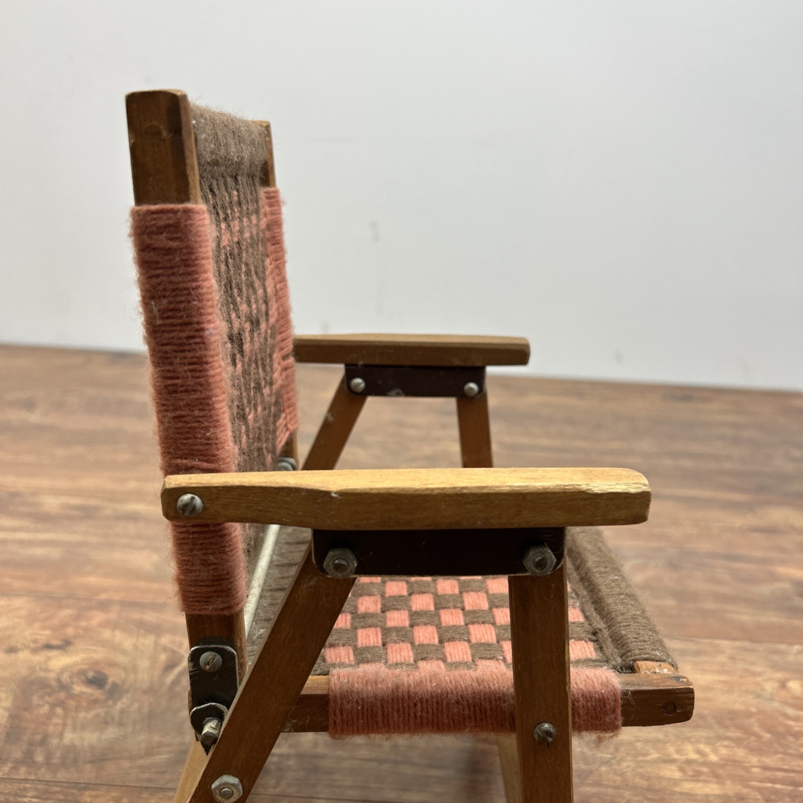 Macrame Wooden Folding Baby Doll Chair Vintage Handwoven Brown Pink ** DOLL SIZE