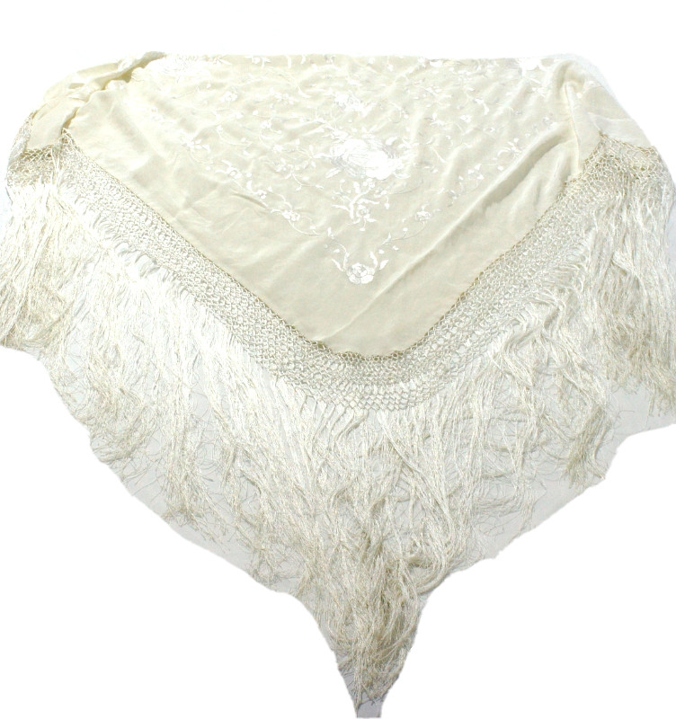 Antique Silk Shawl Wrap Piano Scarf HAND EMBROIDERED FLORAL WITH FRINGE.