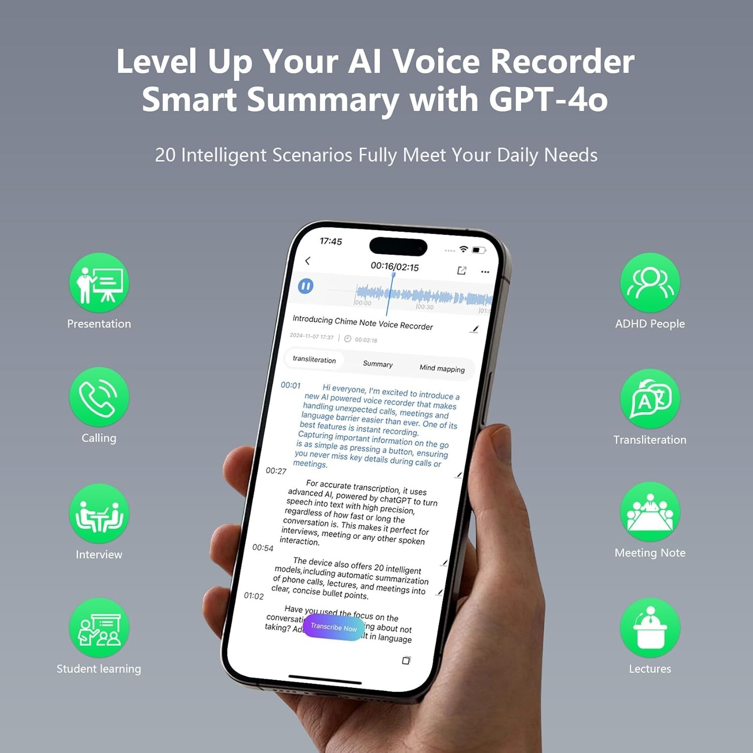 AI Voice Recorder, ｜Custom Summary｜Real-time Translation｜Wireless Charging.
