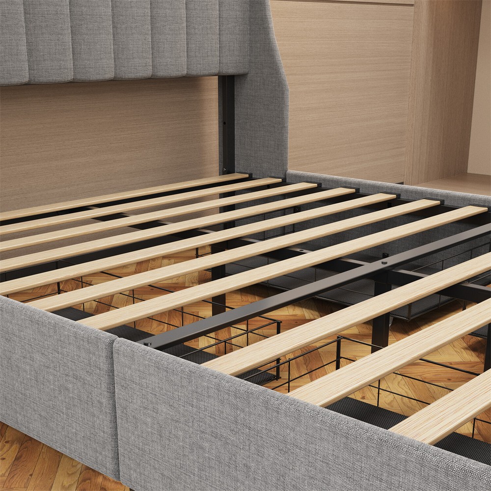 Queen Size Bed Frame Upholstered Platform Bed w/ LED Light Headboard & 4 Drawer