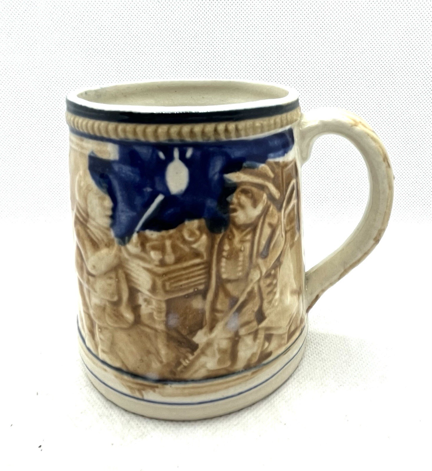 Vintage Ceramic Beer Mugs Cobalt Blue 2 Men In Tavern Scene & Wheat Japan 4”