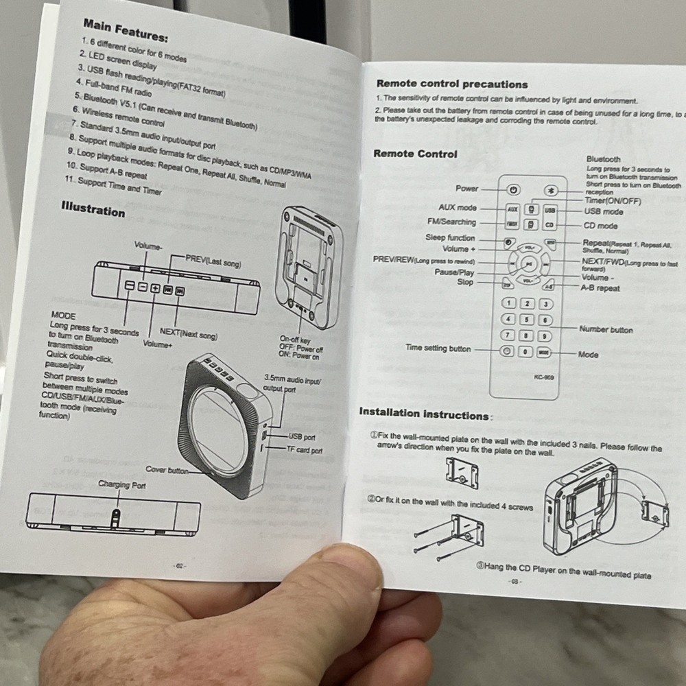 KC-808 CD Player Wall Mountable Bluetooth CD Player Speaker with Remote NEW