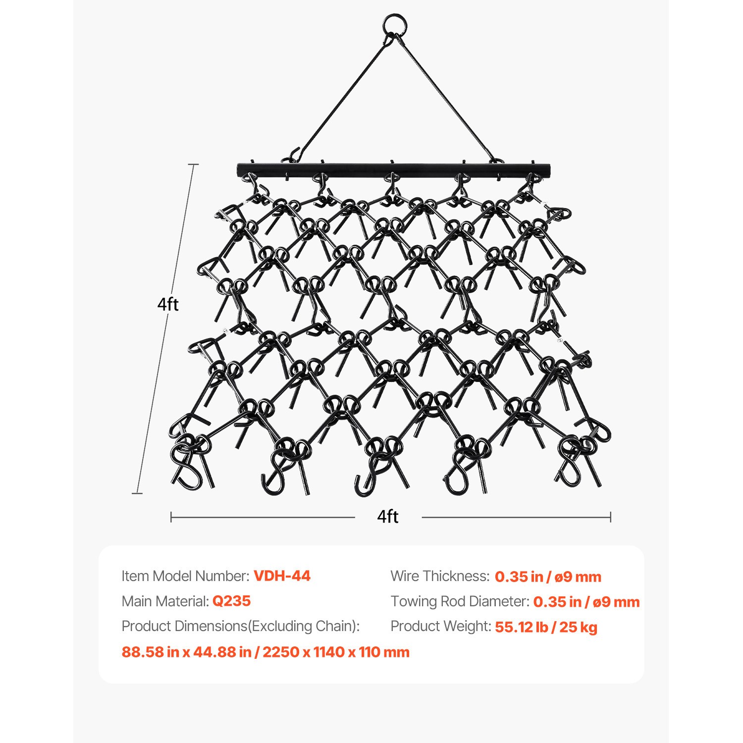 Drag Harrow 4 x 4 ft Chain Harrow ATV Lawn Rake for Landscape Leveling