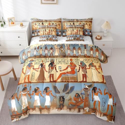Ancient Egypt Bedding Set with Sheets Egyptian Pattern King Beige Blue