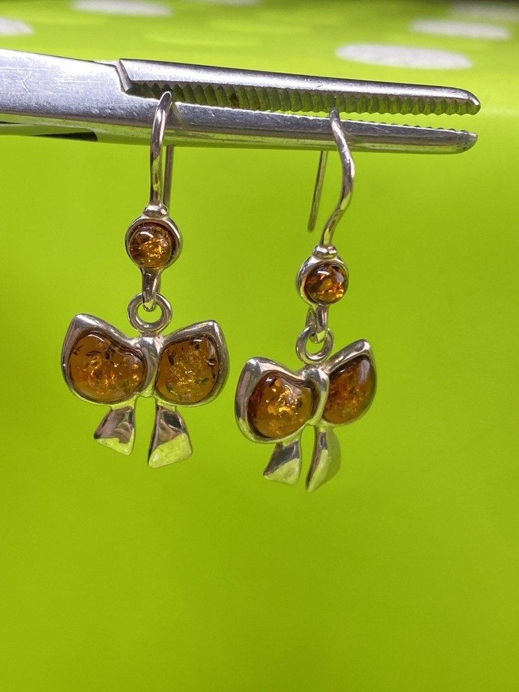 Серьги винтаж серебро, 925 проба, Камень Янтарь, Бантики