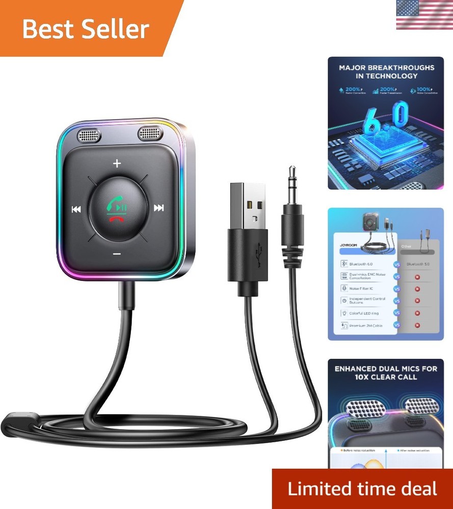 Bluetooth 6.0 AUX Car Adapter, Dual Mics Noise Cancellation, Plug-and-Play, Mult