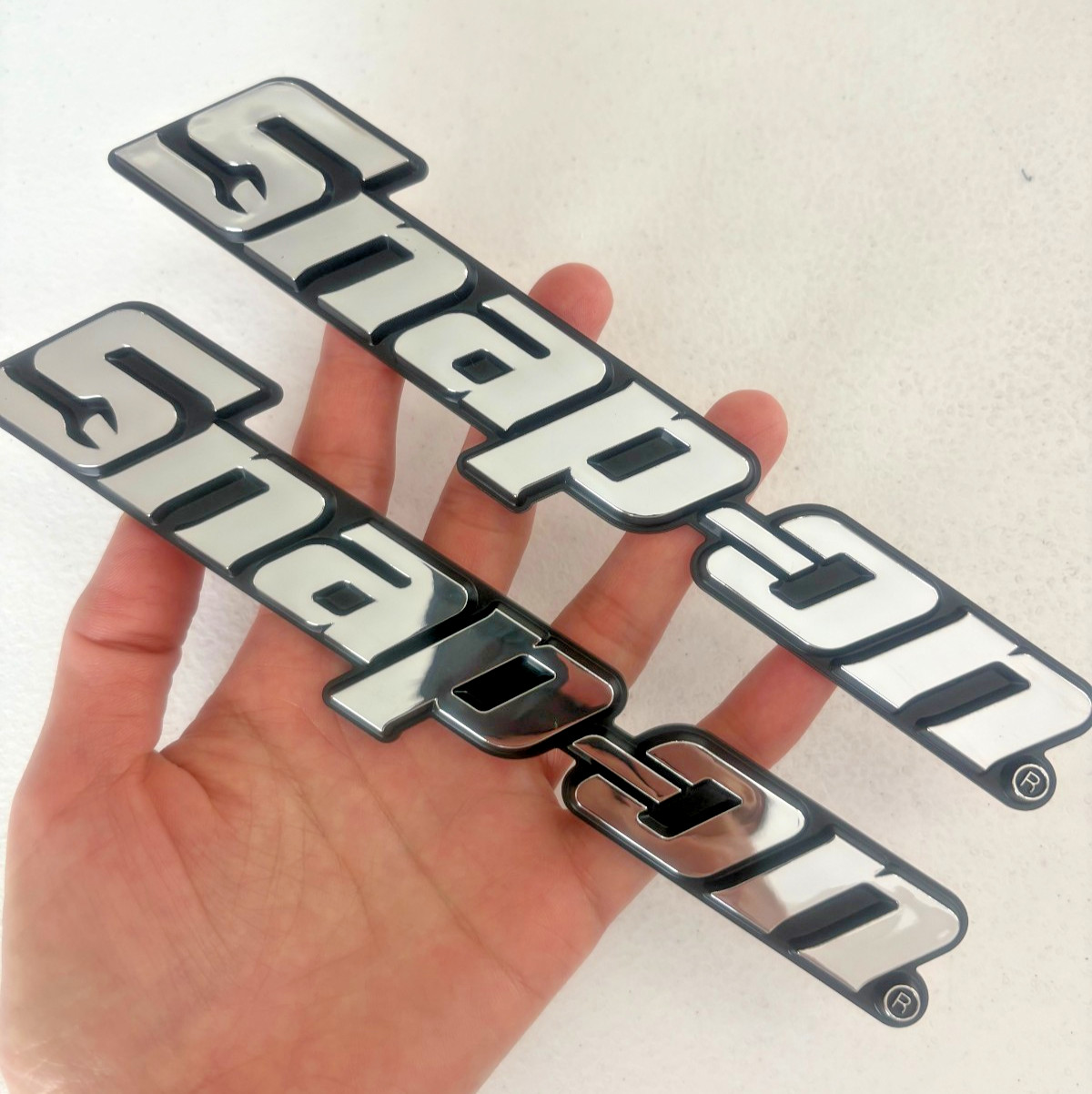 2PCs SNAP-ON TOOL BOX LOGO EMBLEM Chrome Silver Badge Decal 8" INCH OEM design