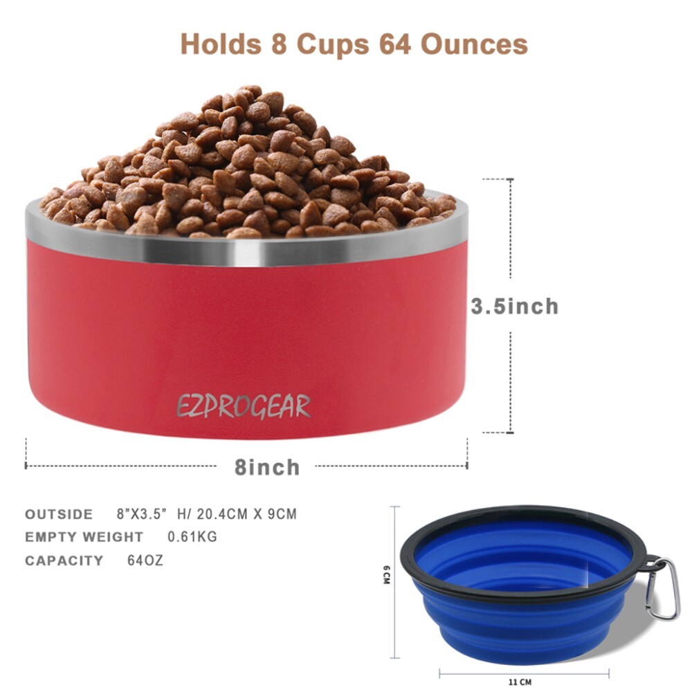 Ezprogear 2 Pack 64 oz Stainless Steel Double Wall Dog Bowl Non-Slip Bottom