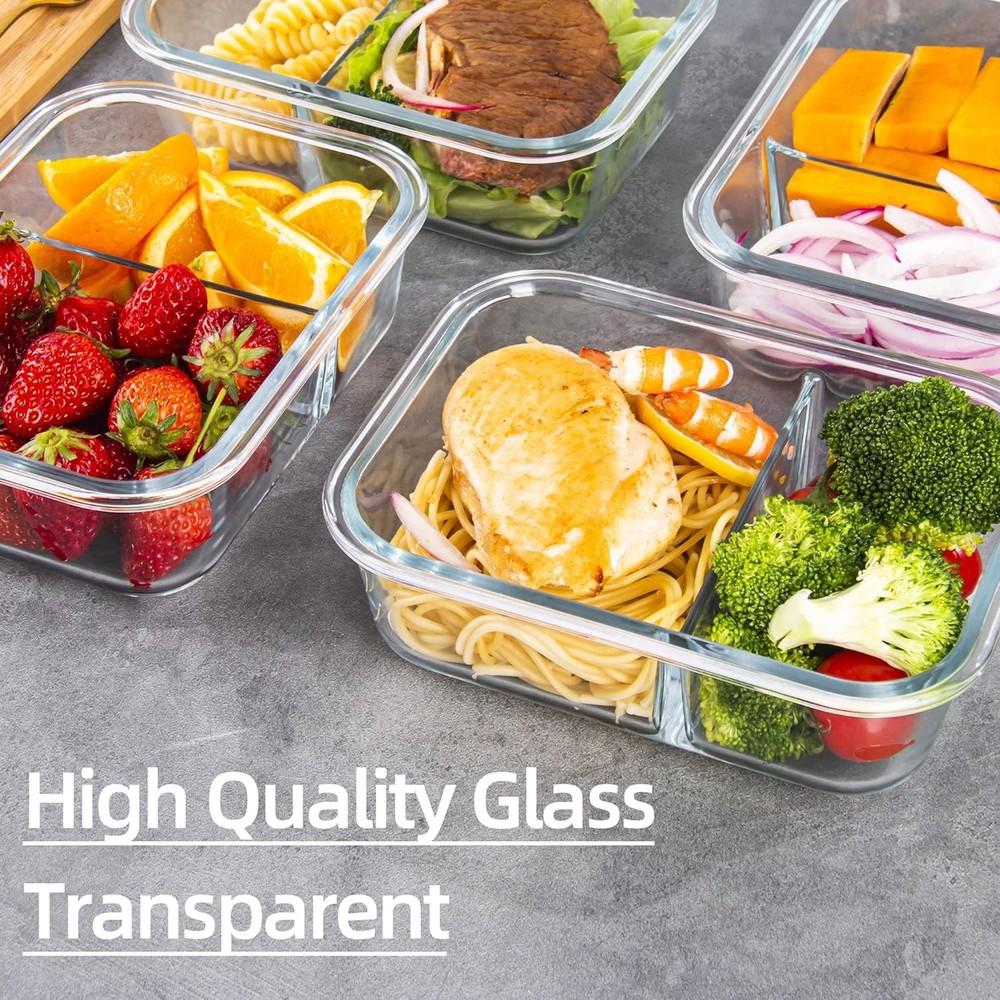 Glass Meal Prep Containers 2 Compartment with Lids (5 Mixed, 2