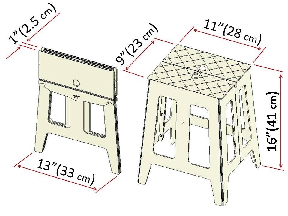 Padded portable Mini-Stool 16"/41 cm. Flat-folding compact lightweight seat/step
