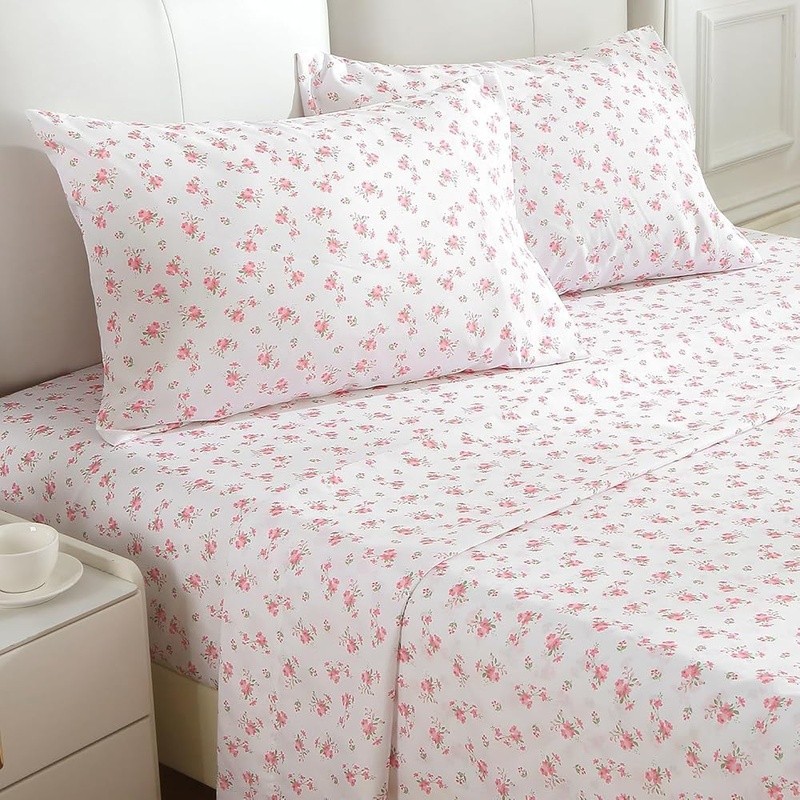 Lightweight Microfiber Sheet Set Deep Pocket Floral Pattern Breathable Easy Care
