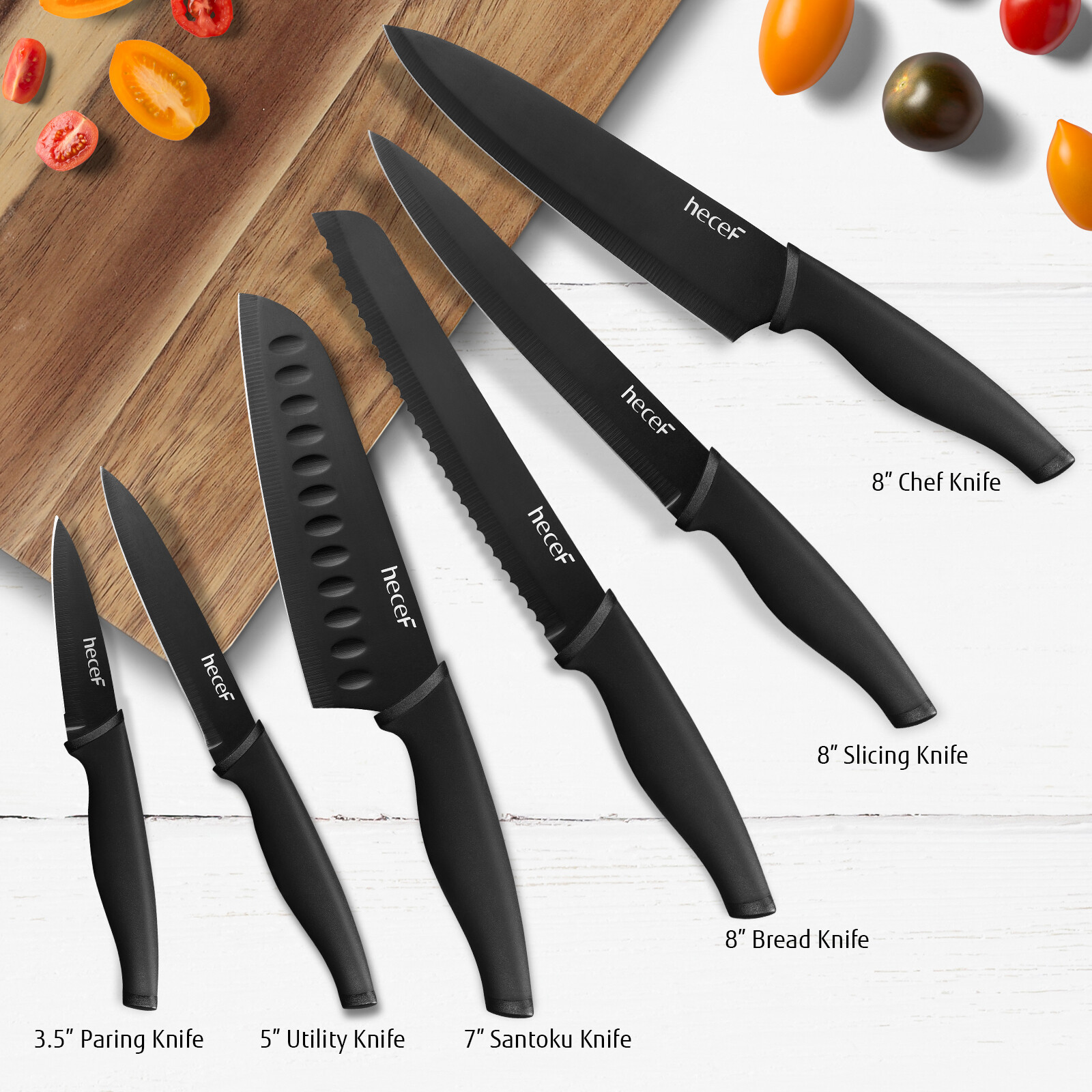 7 Pcs Black Oxide Knife Set w/ Acacia Wood Strong Magnetic Protect Knife Strip