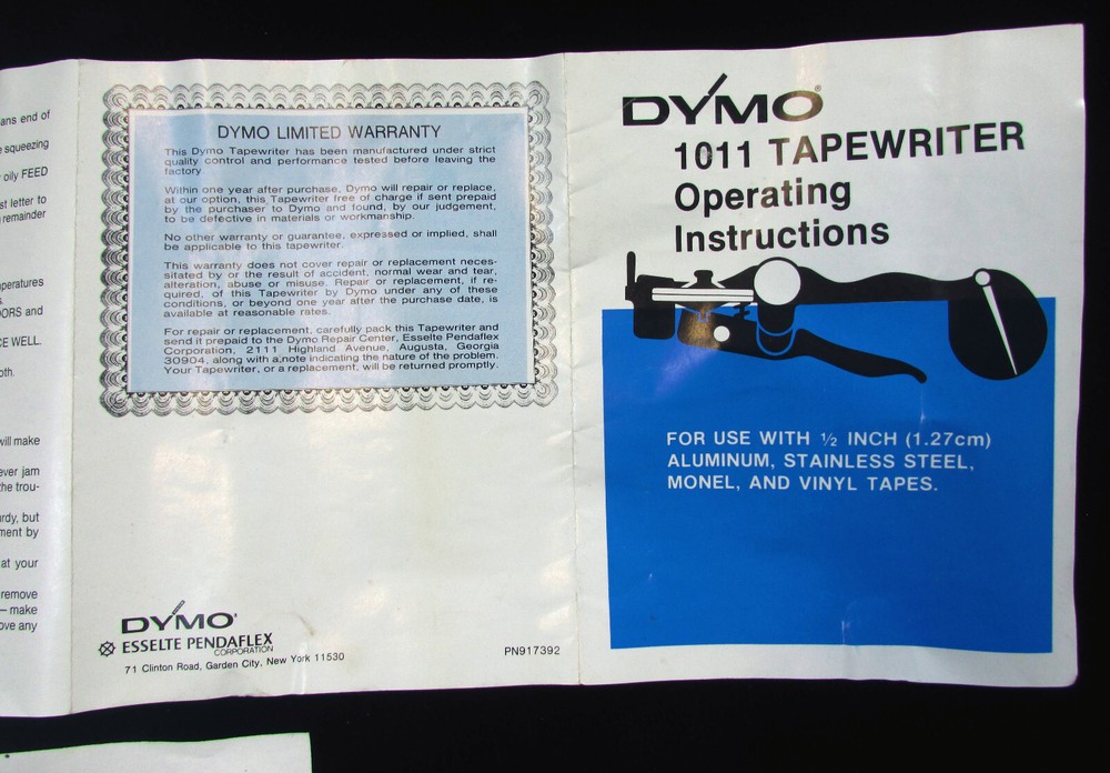 DYMO 1011 TAPEWRITER OPERATING INSTRUCTIONS Only