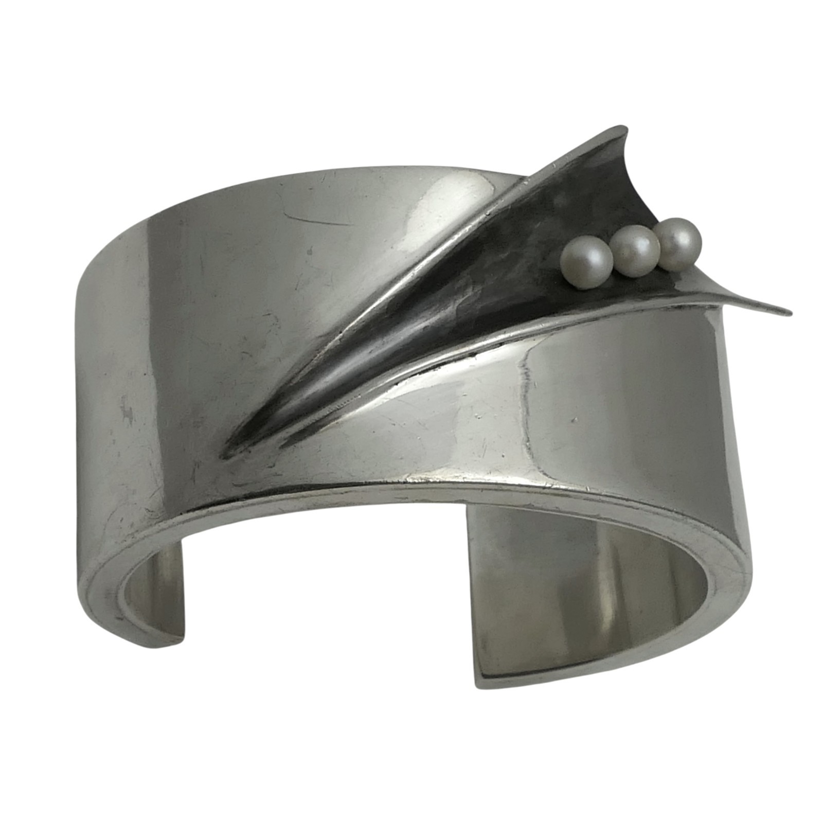 Antonio Pineda Sterling Silver & Pearl Taxco Mexican Cuff Bracelet 111Gr