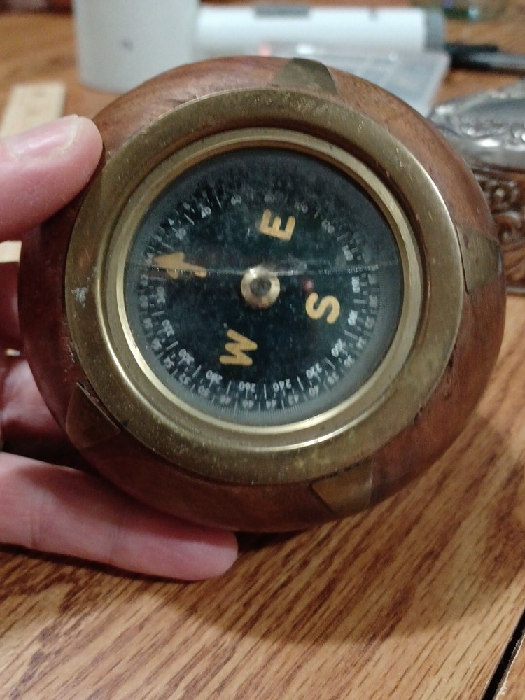 Vintage Mahogany & Brass Compass Paperweight Table Decor
