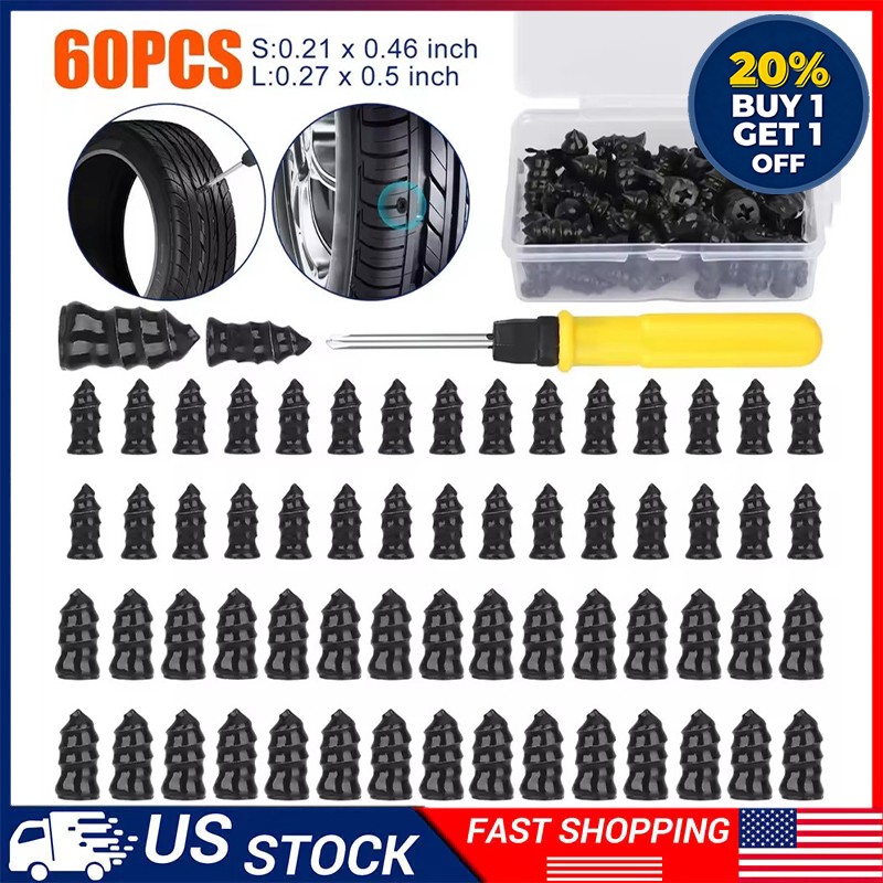 60PCS Car Vacuum Tire Repair Nail Rubber Screw Nails+ Screwdriver Tool Set w/Box