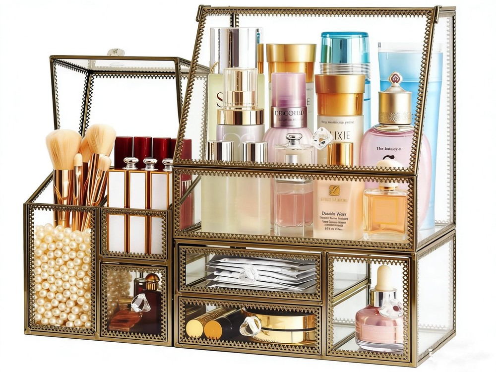 Hersoo Glass Antique Brass Stackable Drawer Set Makeup Organizer for Vanity A...