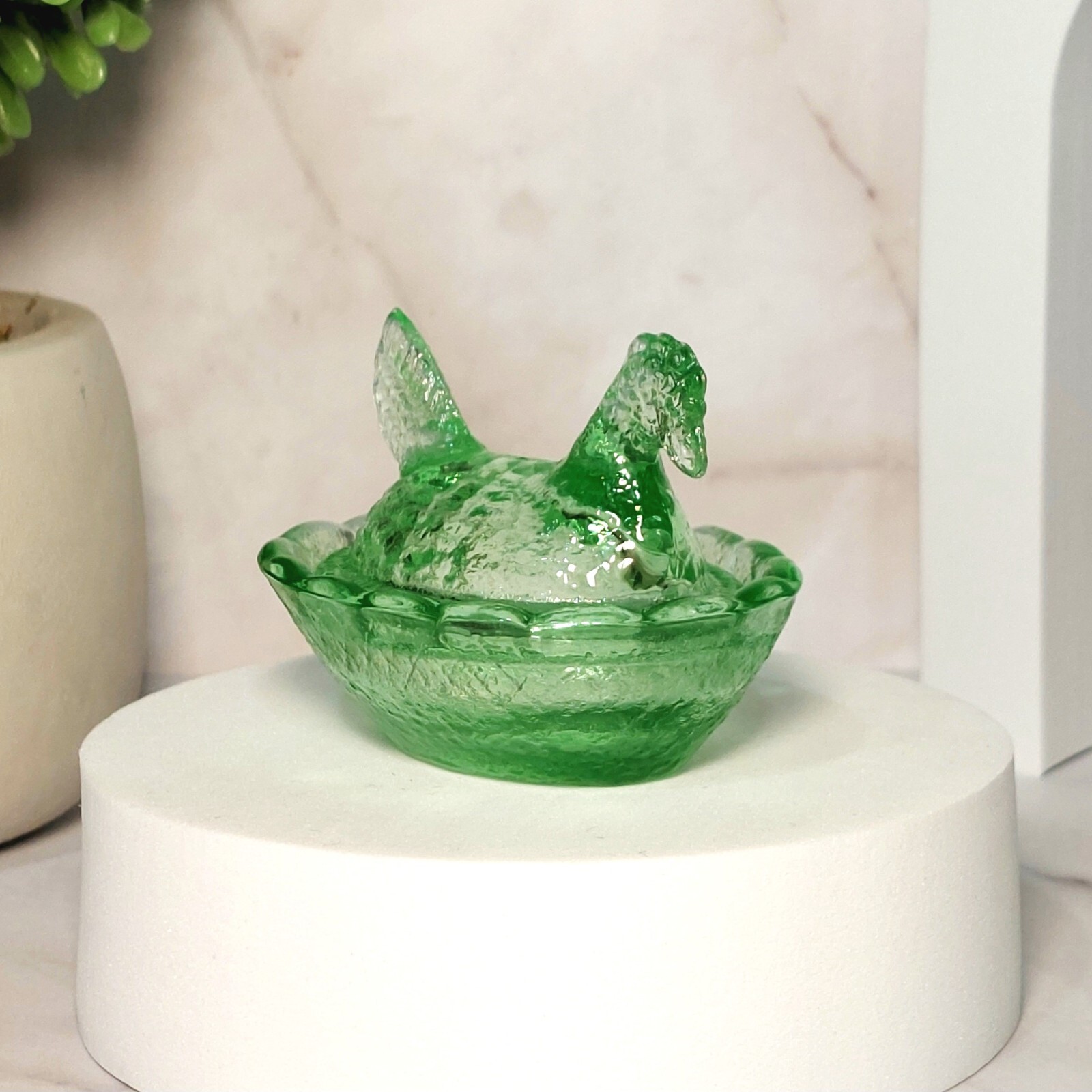 Green Depression Style Glass Mini Hen on Nest Chicken Salt Dish, Vintage Style