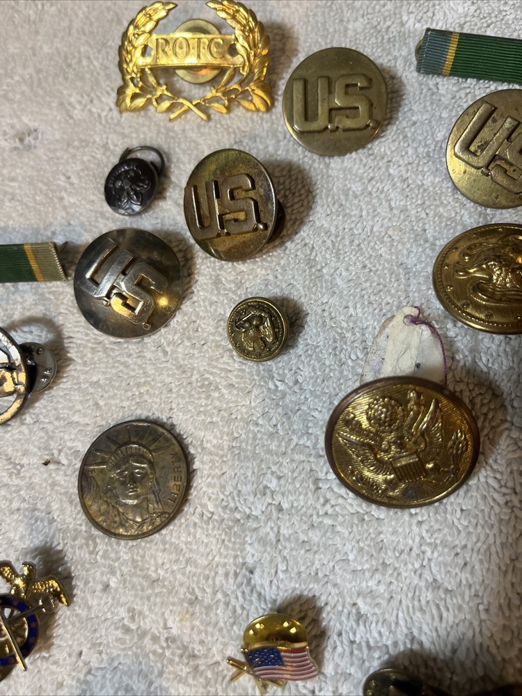 50 Military Army Hat Pins Lapel Medals US Eagle Cross Rifles Used Originals