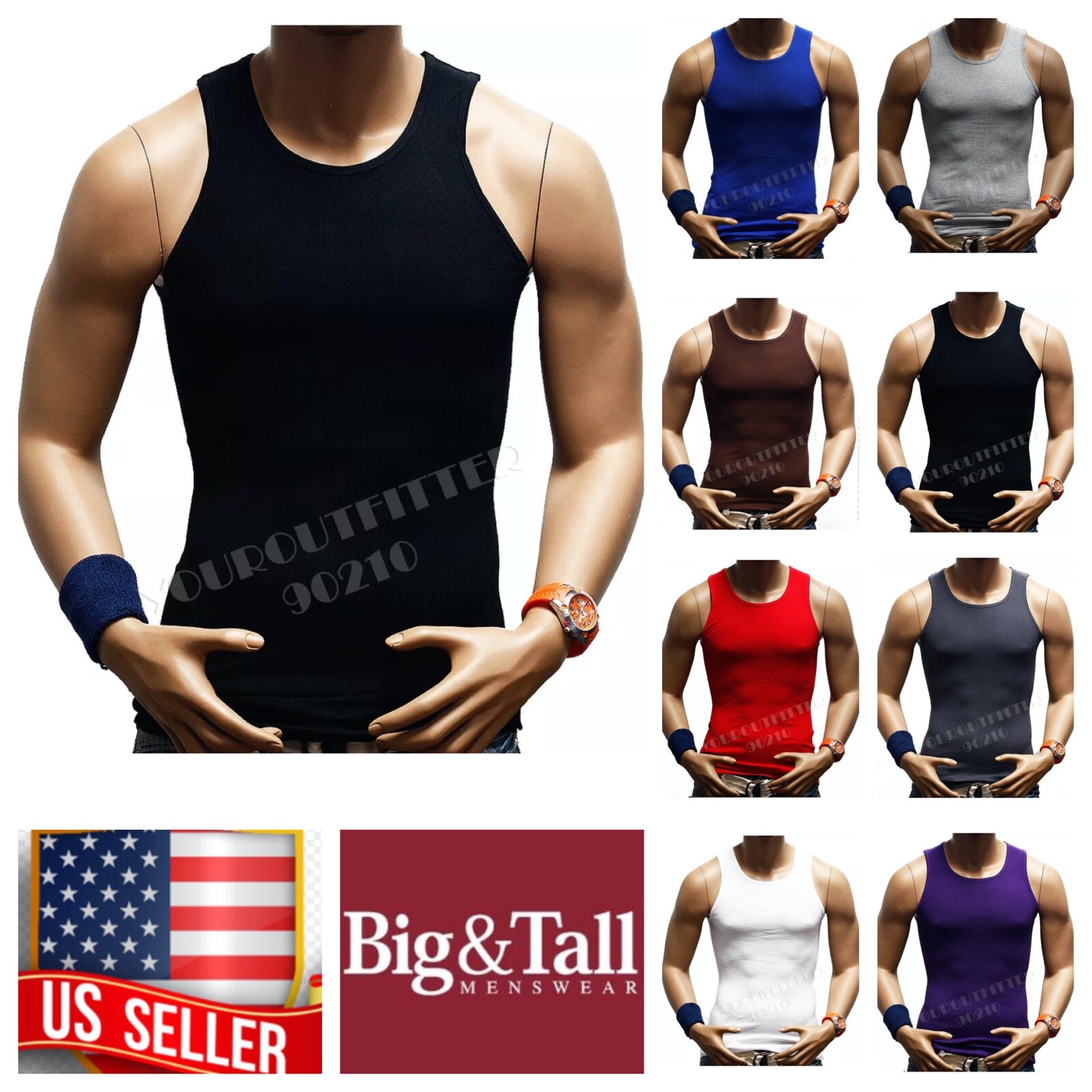 Men S-5XL 100% Cotton Tank Top T-Shirt A-Shirt Muscle Ribbed Wife Beater Tee Gym
