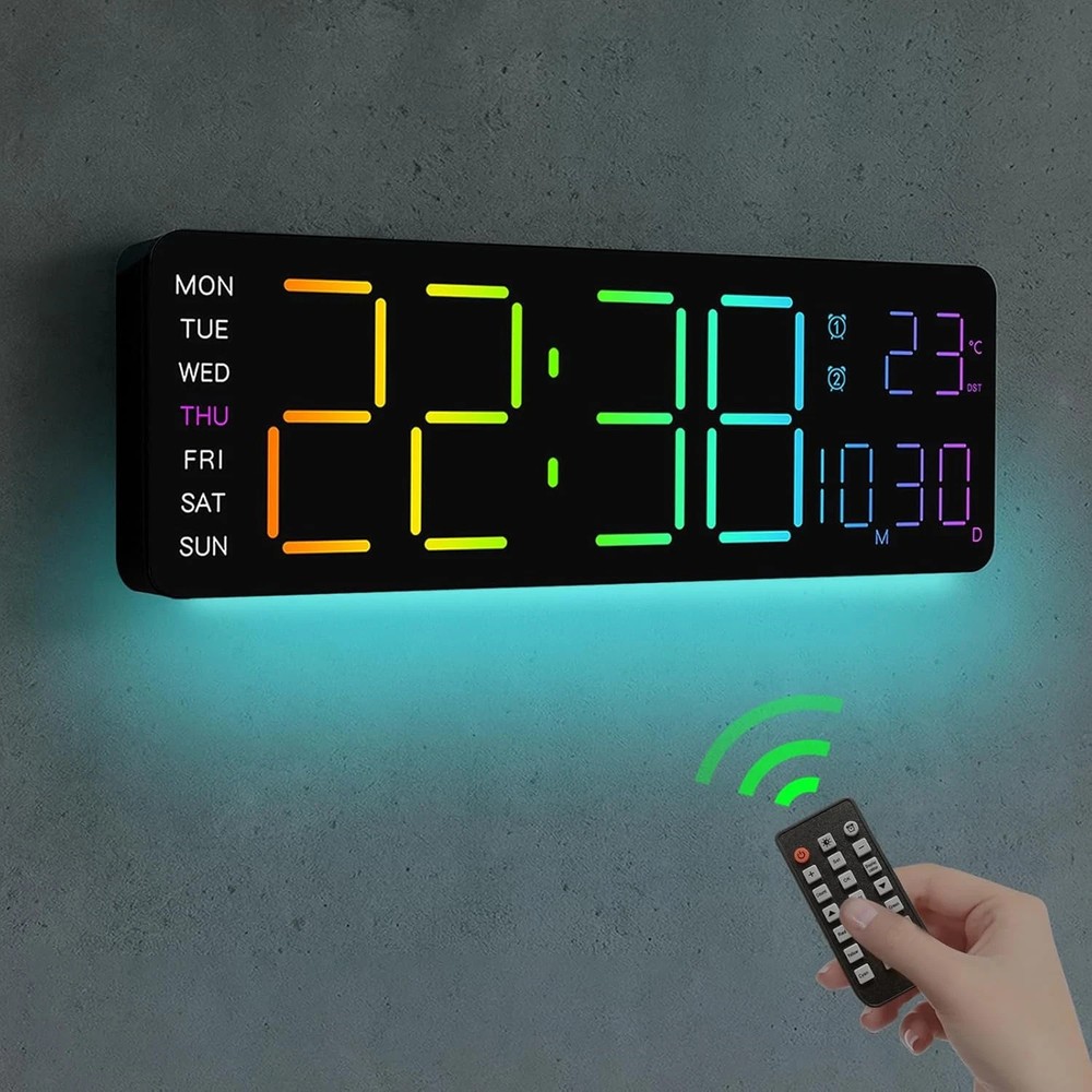Large LED Digital Wall Clock with RGB Remote, Alarm, Temp, and Timer