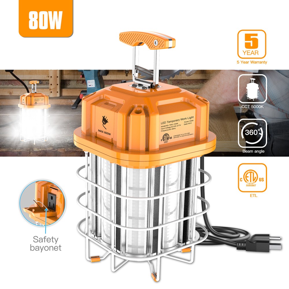 80W LED Temporary Work Light Linkable Construction Hanging Portable Light 5000K
