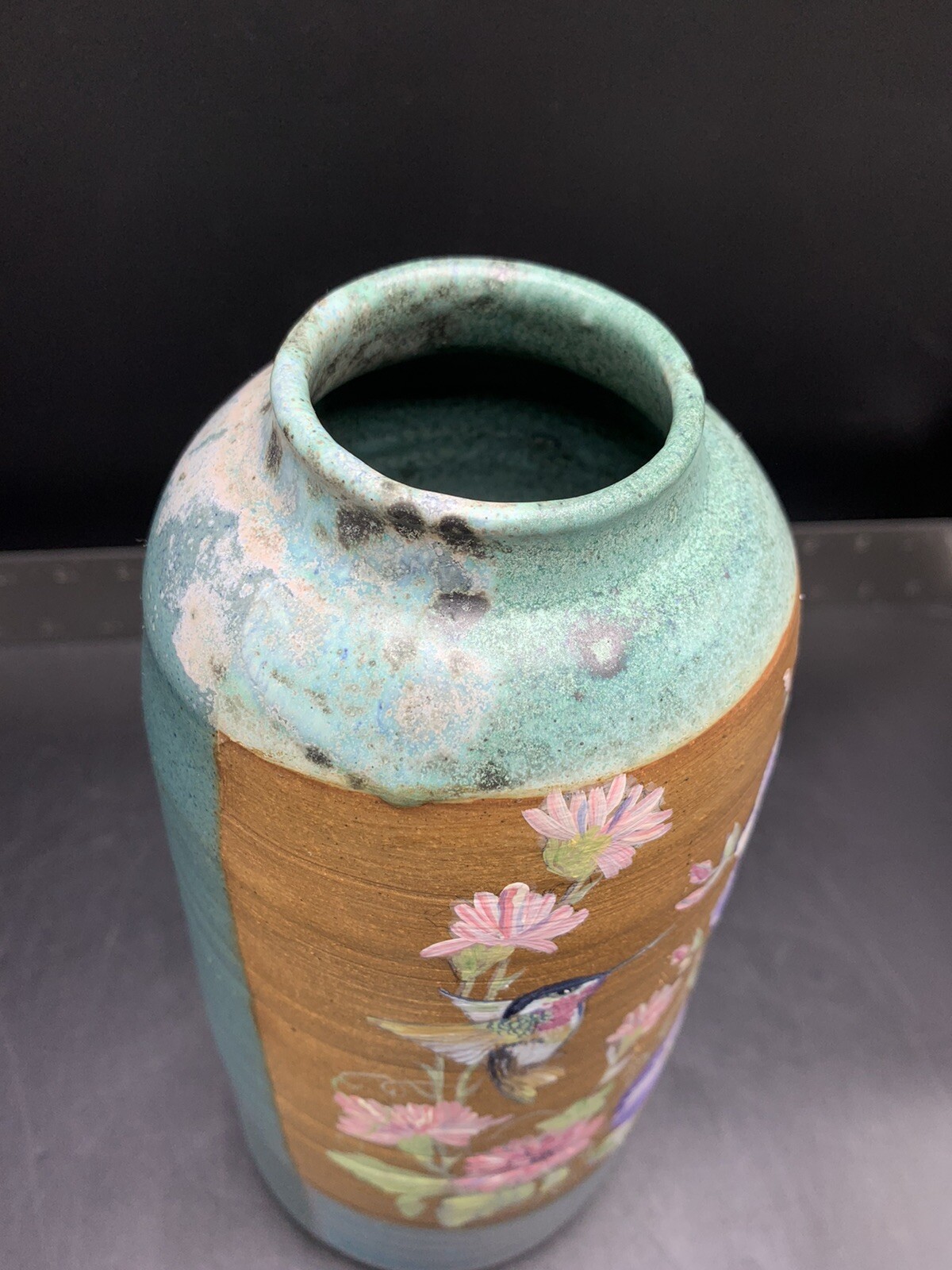 Hummingbird Vase Pottery Hand Painted Floral Art Planter