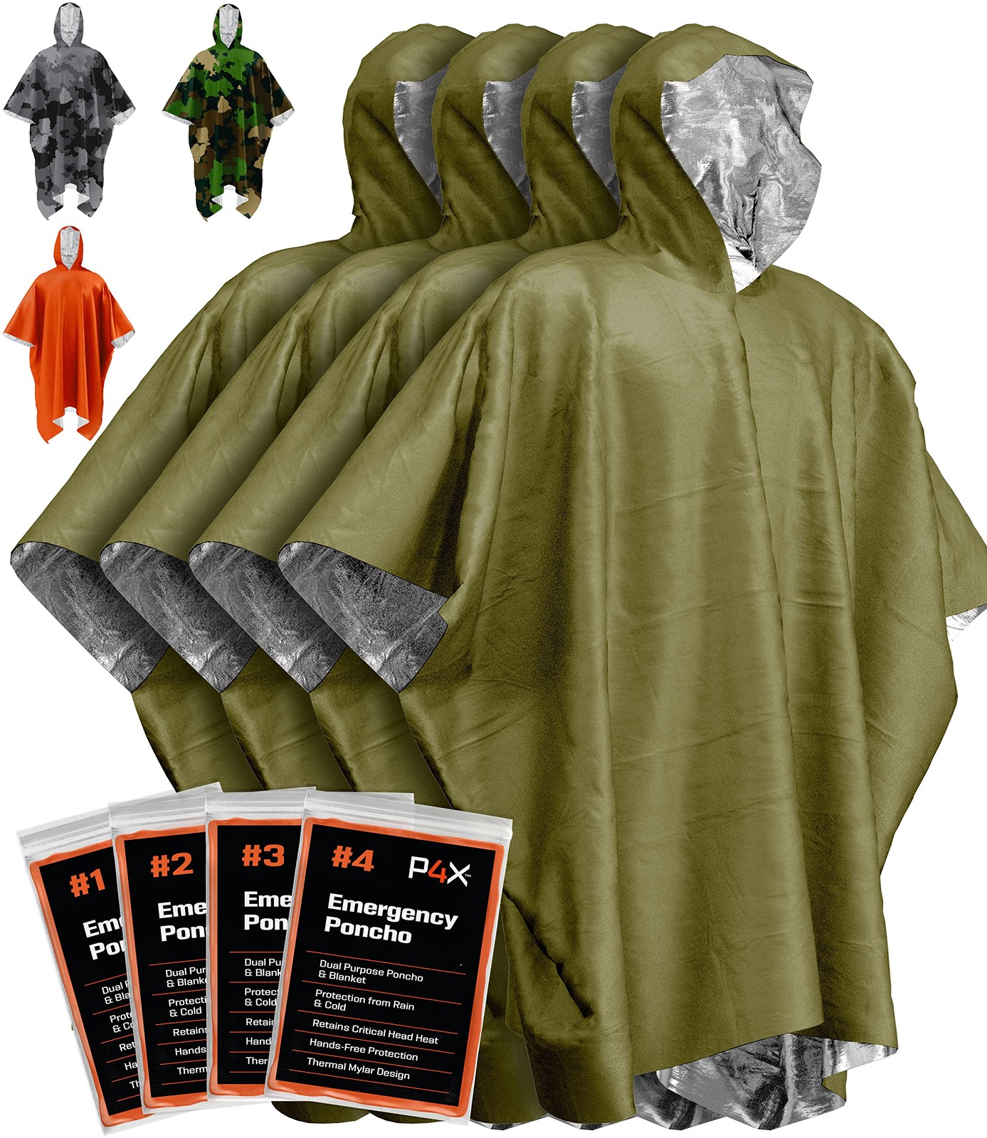 4 Emergency Poncho & Mylar Blanket Liner Waterproof Wind-Resistant Breaker Rain