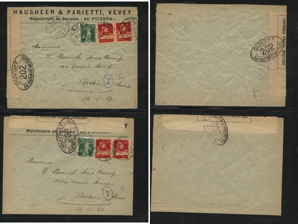 Switzerland   3   WW1  censor  covers   to   US            MS0207