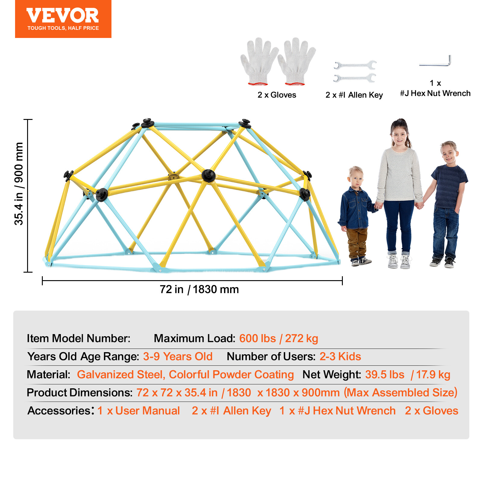 VEVOR Climbing Dome 6FT Geometric Dome Climber Jungle Gym for Kids 3-9 Years