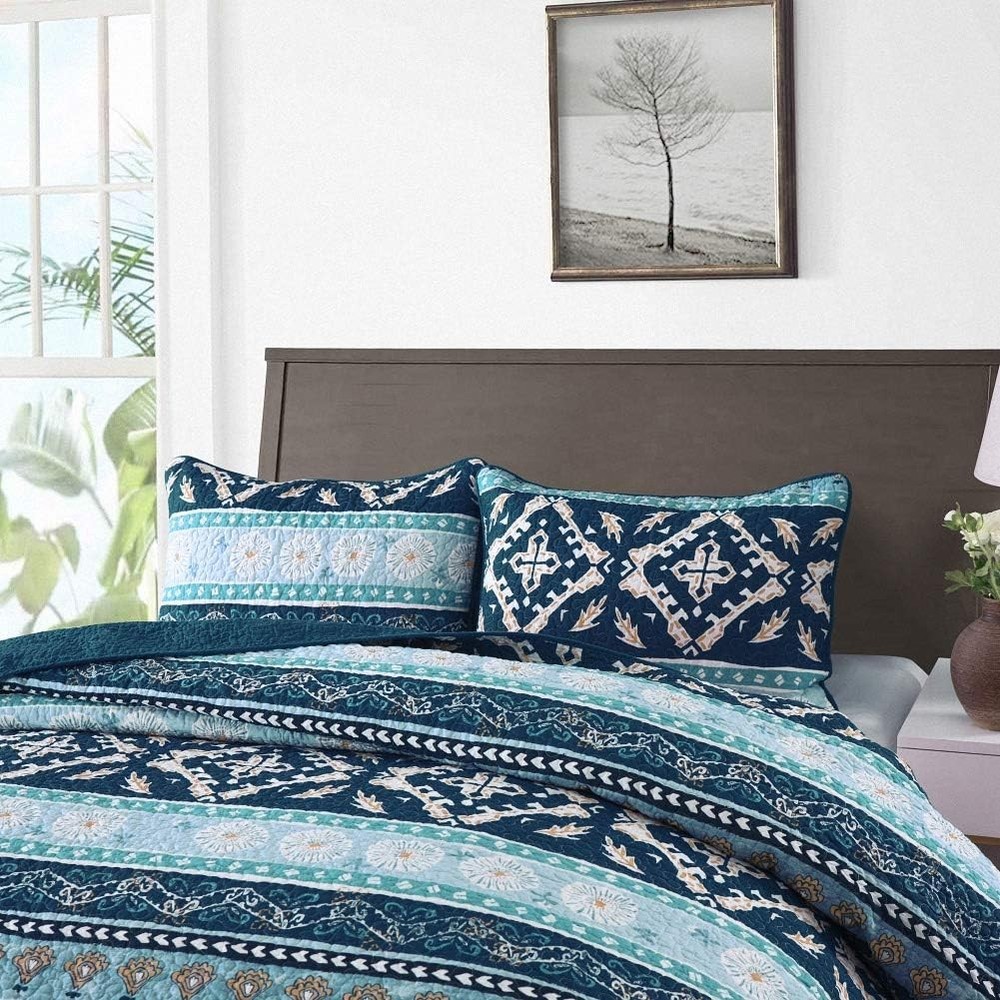 Cotton Bedspread Quilt Sets-Reversible Patchwork Coverlet Set Boho Chic