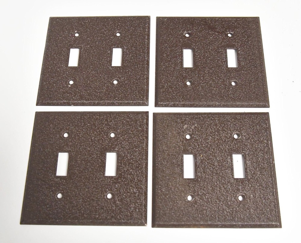 4 VINTAGE BROWN METAL DOUBLE SWITCH PLATES