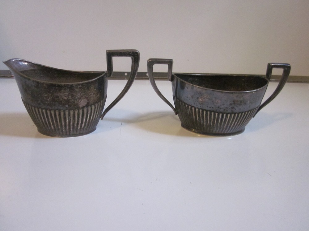 VINTAGE ALPACCA SILVER PLATE ART DECO STYLE SUGAR AND CREAMER SET SUGAR 7-1/2" W