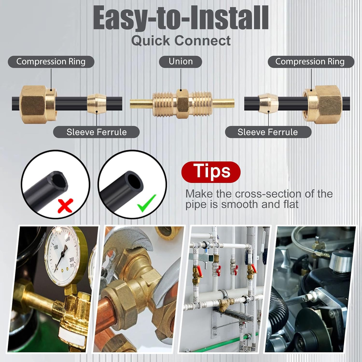 100Pcs Brass DOT Air Brake Line Fittings Kit, 1/4" 3/8" 1/2" Compression Air Nyl