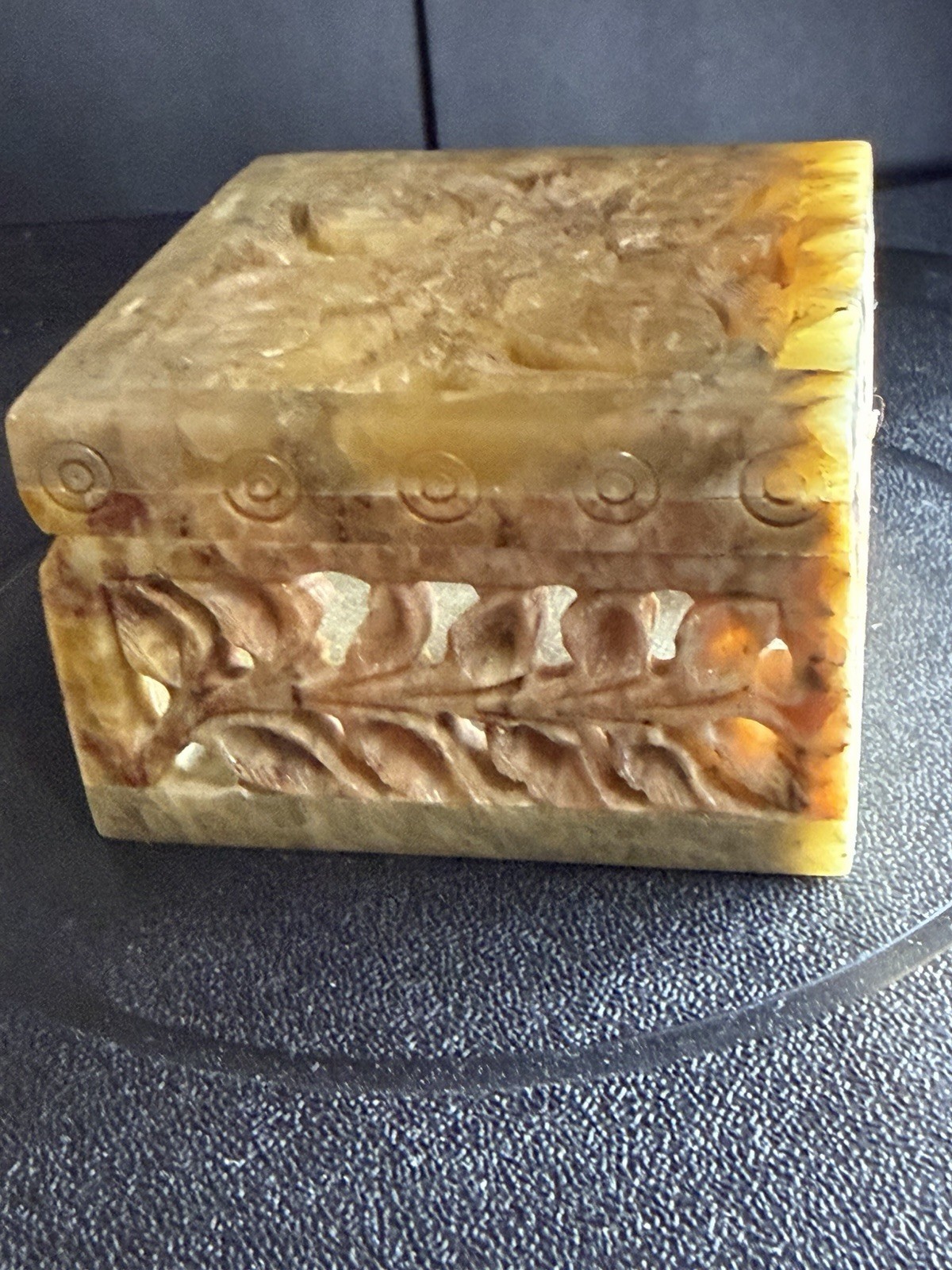 Vintage Intricate Hand Carved Soapstone Trinket/Marble Jewelry Box - 3”x 3”