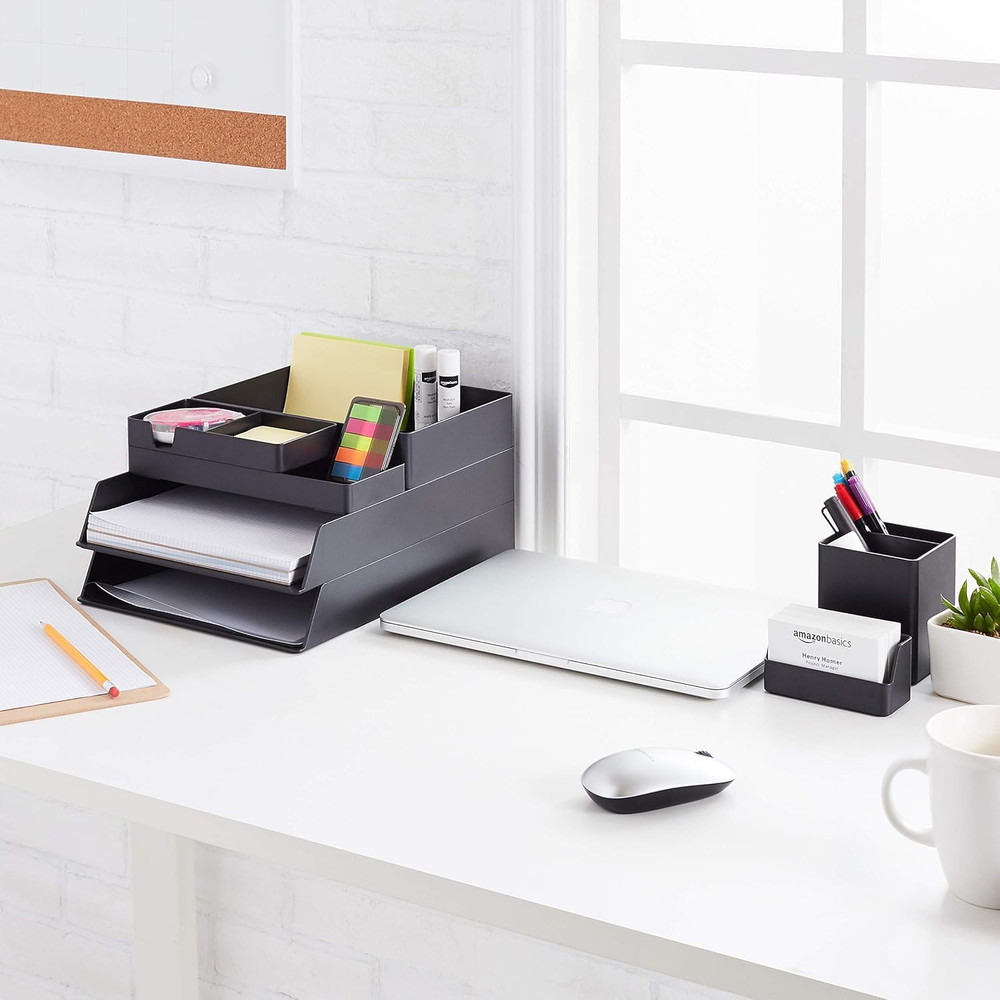 Rectangular Plastic Desk Organizer Bundle, 3 Pieces with Half Accessory Tray, Sm