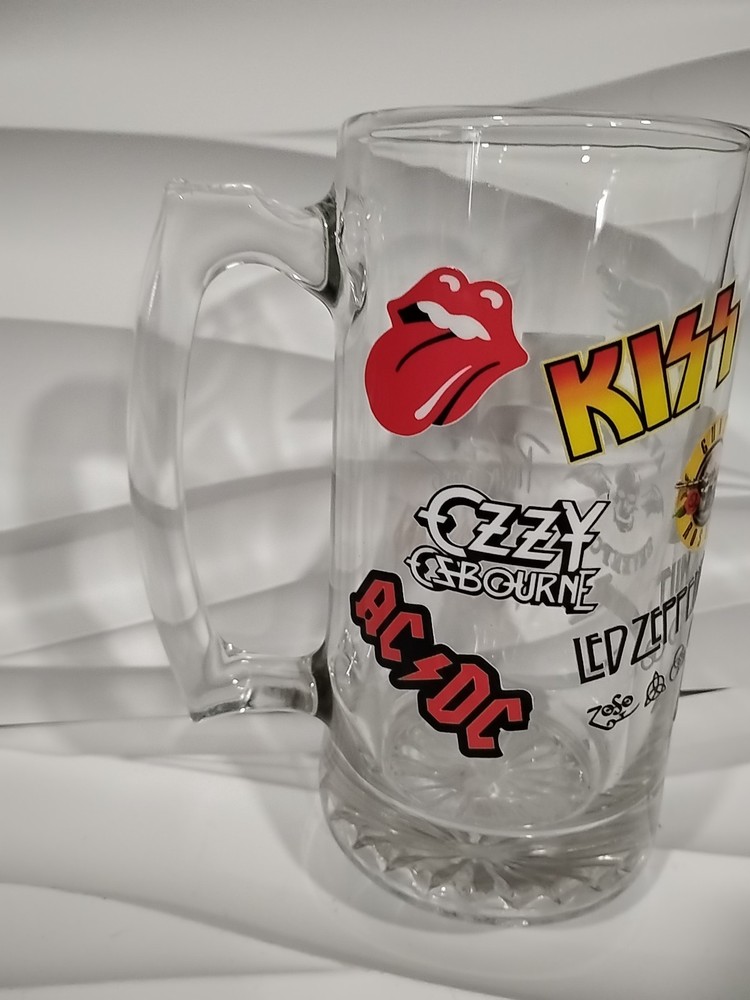 Kiss Band Large Jumbo Beer Stein 32 oz Glass Mug 7 7/8” Ozzy Osbourne AC/DC Pin
