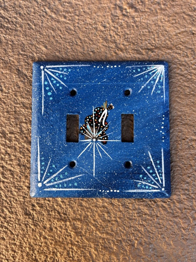Handpainted Light Switch Cover Fan Native Design Handmade Blue Double e25