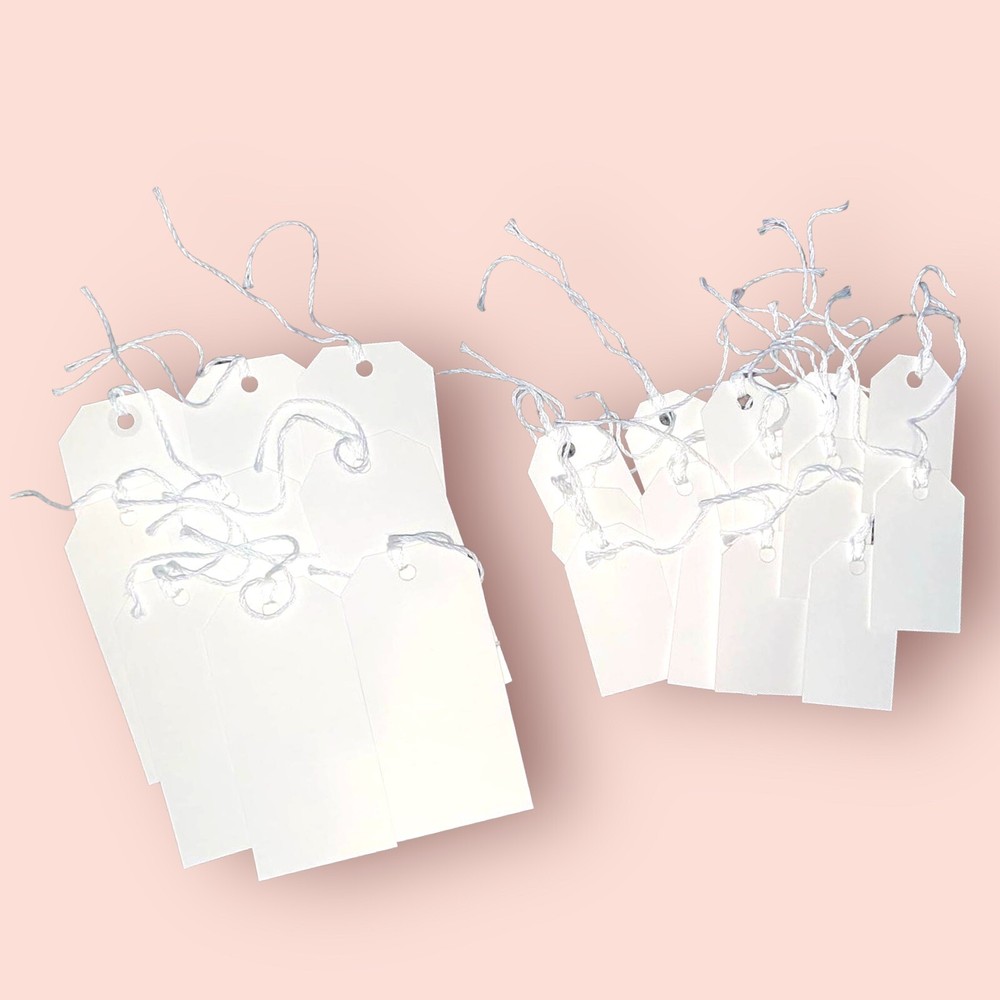 23 white string tie on rectangular card stock strung tags in 2 sizes 3” 5”